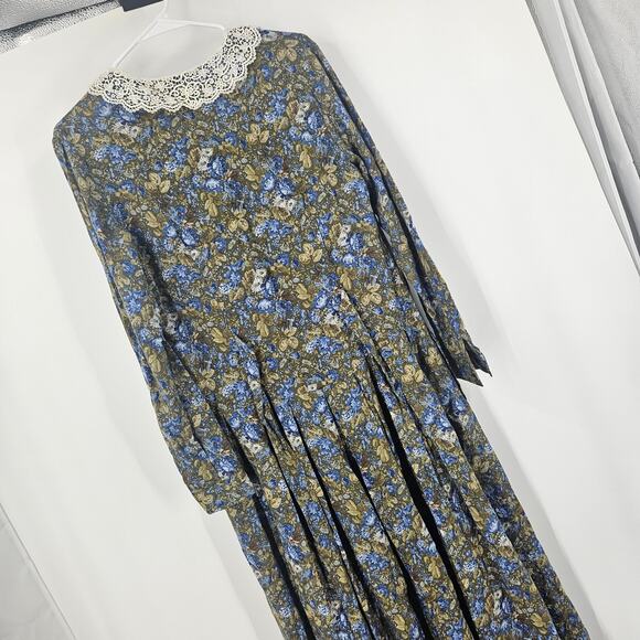 Laura Ashley Prairie Cottage Dress Green Wool Floral Lace Collar Pleated Size 6 - Picture 5 of 6
